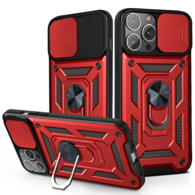 Capa Celular iPhone 13 com Protetor de Câmera e Suporte Vermelho
