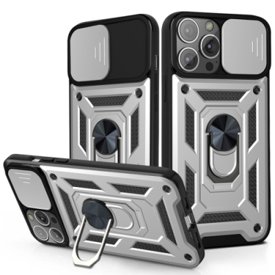 Capinha iPhone 13 Pro Max com Suporte e Protetor de Câmera Prata