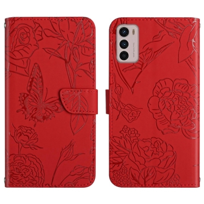 Capinha de Celular Motorola Moto G42 Flip Borboleta e Flor Vermelho