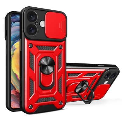 Capa para iPhone 16 PLUS - Protetor de Câmera e Suporte Vermelho